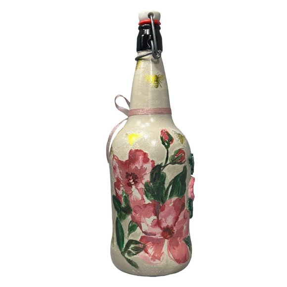 Artisan Grolsch Vintage Glass Bottle Hand Painted Decoupaged 3D Clay Art Design - Picture 10 of 16